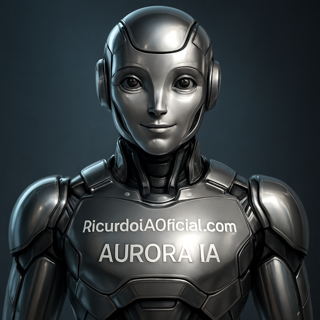 crie uma imagem de um robô amigável, futurista, elegante, visual premium, metálico polido, sem ferrugem, sem desgaste, olhos suaves e acolhedores, capacete tecnológico sofisticado, aparência de referência mundial em IA, com o texto RicardoIAOficial.com e Aurora IA, arte extremamente bonita, impactante e profissional