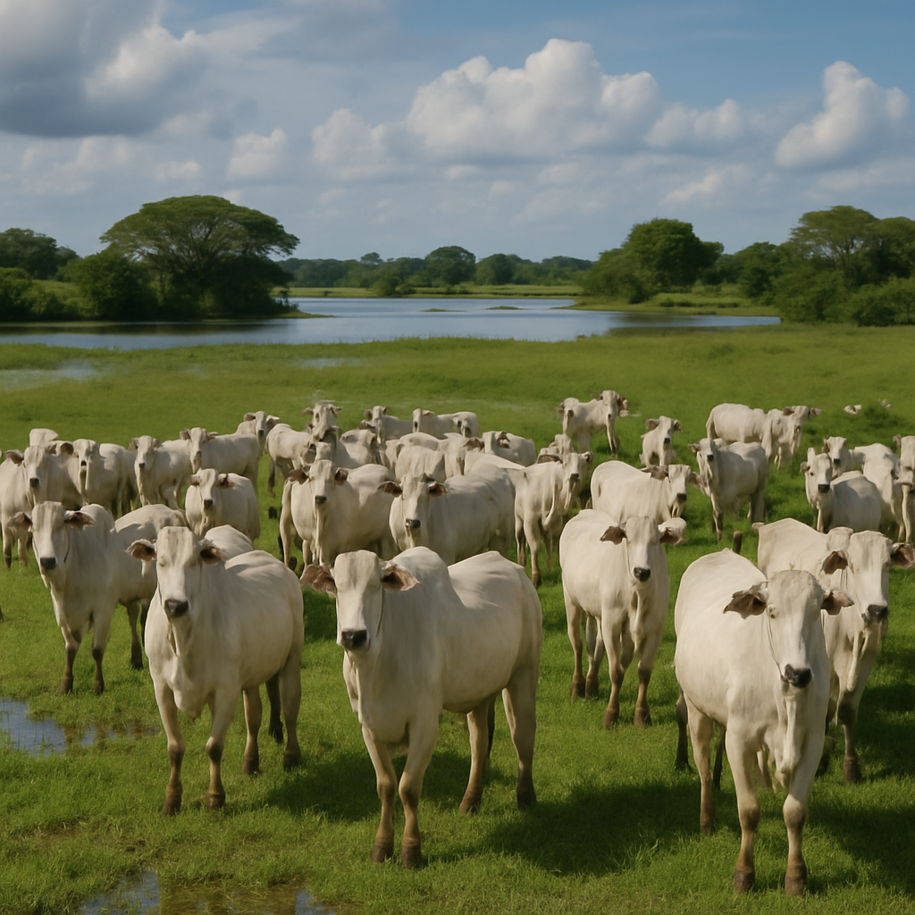 aurora gere uma imagem de fazenda de gado branco no pantanal matogrossense imagem real