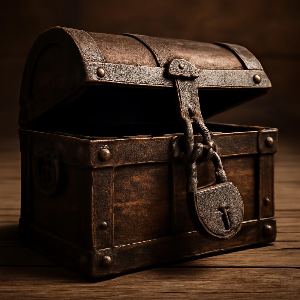 Um baú antigo com o cadeado aberto
