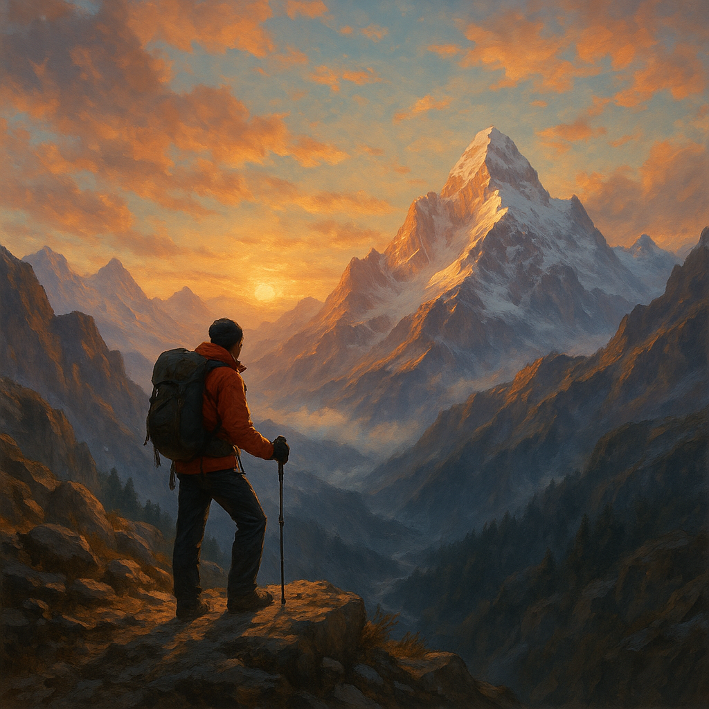 crie para mim uma imagem de alpinista no meio da montanha, faça algo encantador