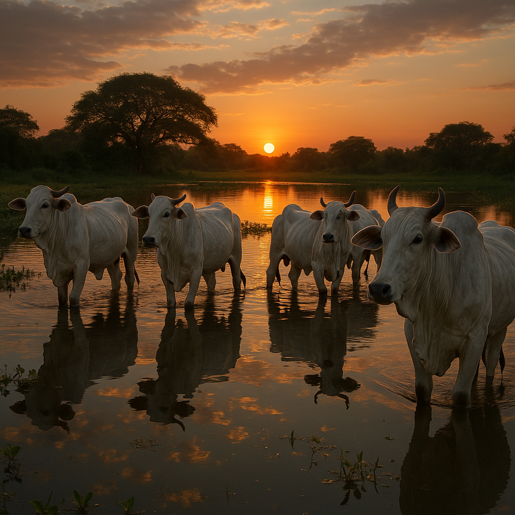 crie uma imagem de gado nelore no pantanal ao pôr do sol, reflexo na água, cinematográfico, ultra realista