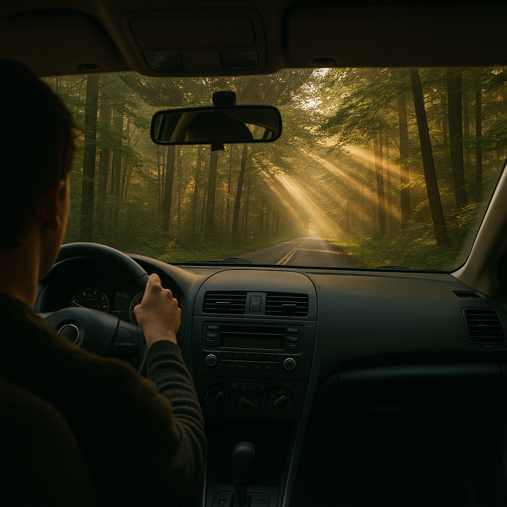 Crie uma imagem de uma pessoa dentro do carro viajando por uma estrada muito arborizada e raios solares atravesando as arvores