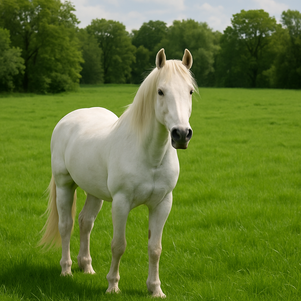 CRIE UMA IMAGEM DE UMA CAVALO BRANCO EM UM PASTO SUPER VERDINHO