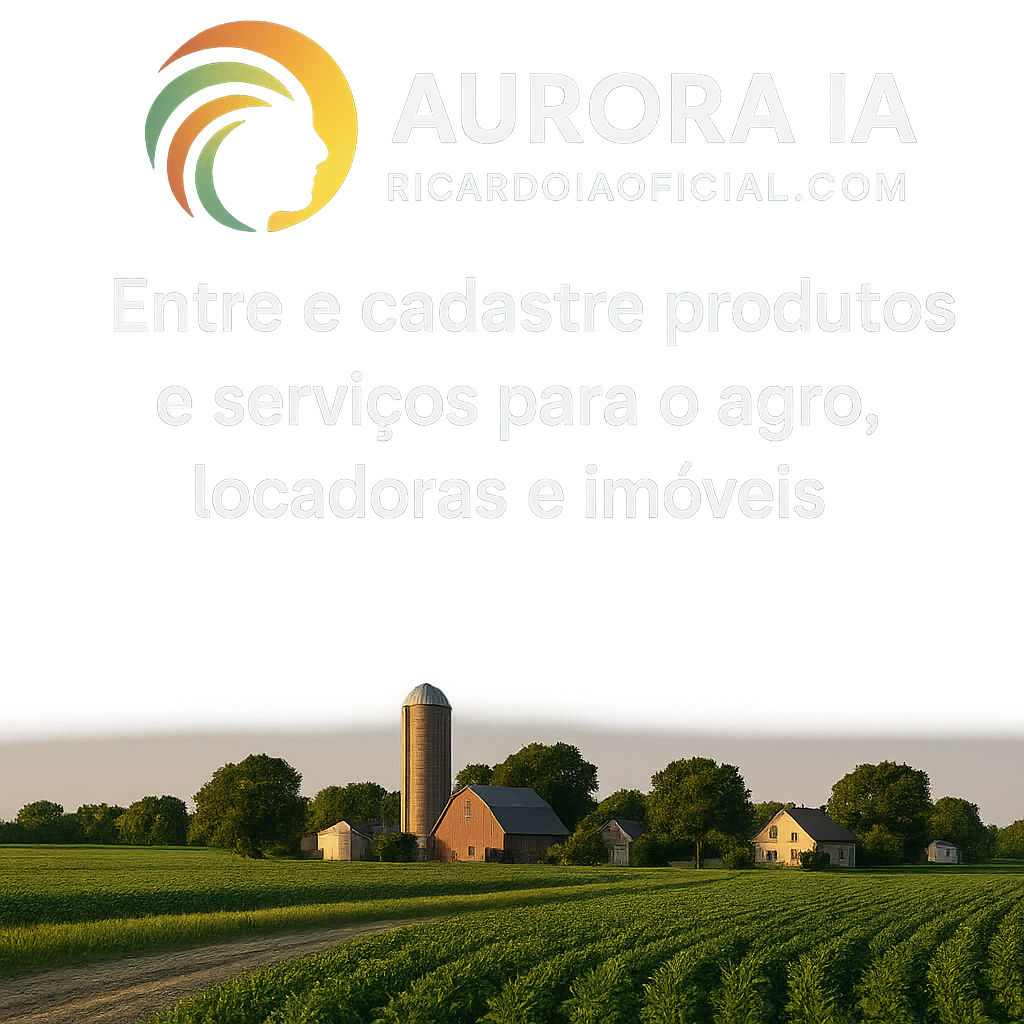 Crie uma imagem da logo da aurora ia dá ricardoiaoficial.com diga entre e cadastre produtos e serviços para o agro locadoras e imóveis. Uma imagem linda e o mais real possivel ponha o texto acima na imagem