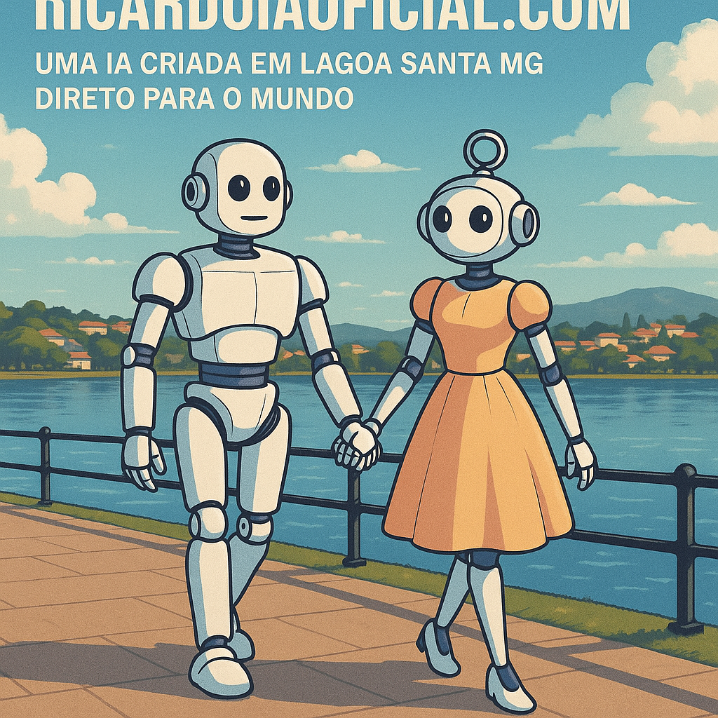 olá aurora crie uma imagem de um robo de branco e uma robo de vestido andando na orla da lagoa em lagoa santa escrito - ricardoiaoficial.com uma IA criada em Lagoa Santa MG direto para o mundo