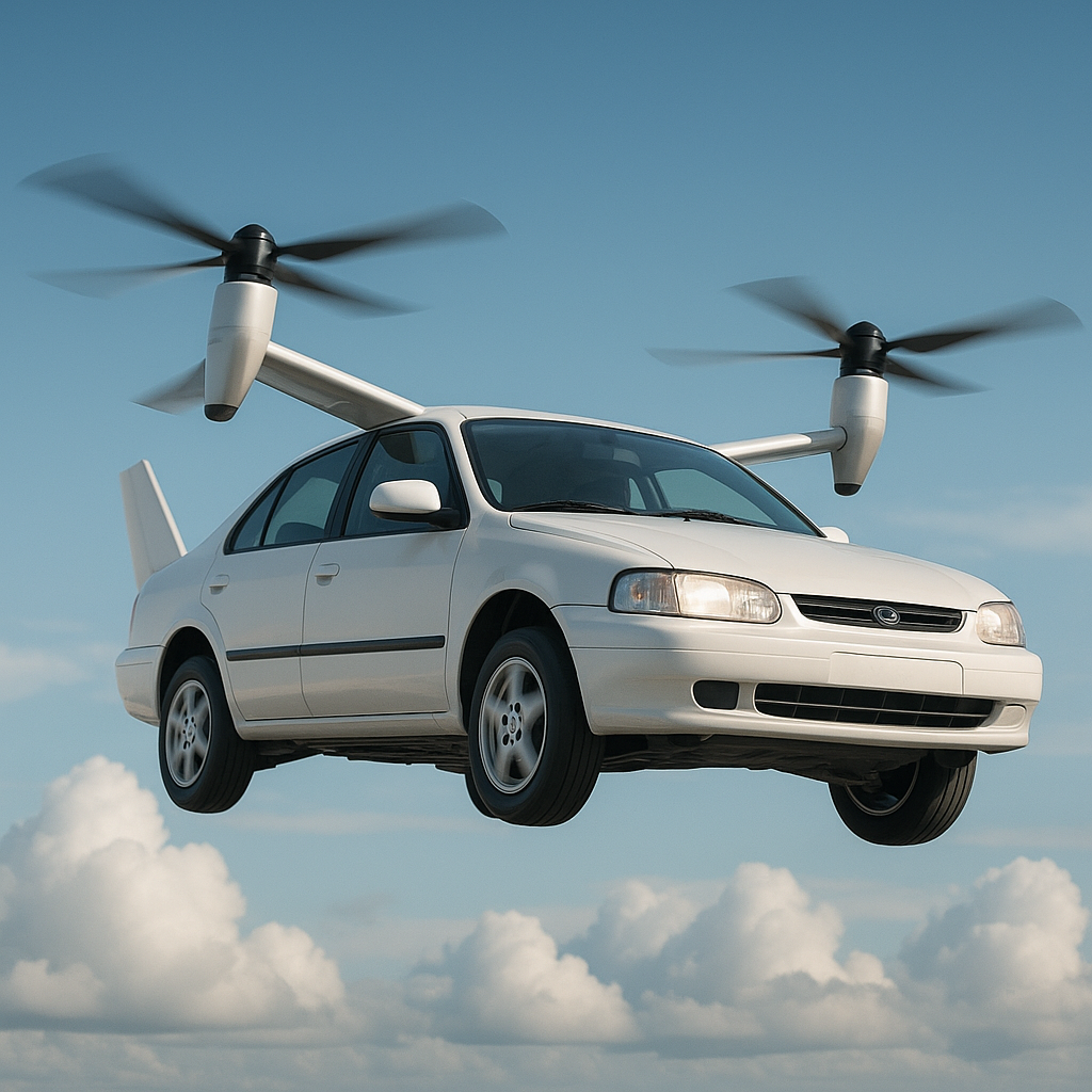 Crie uma imagem de uma carro branco que voa