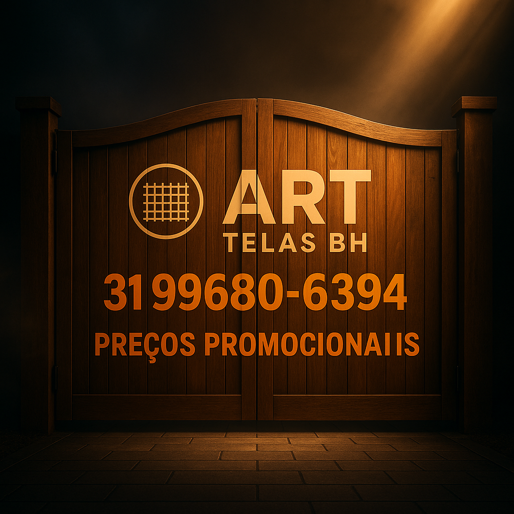 Criar uma imagem premium de campanha para a Aurora IA da plataforma ricardoiaoficial.com, com estética futurista, forte impacto visual, aparência publicitária de alto nível, beleza marcante, tecnologia elegante, luxo digital, composição cinematográfica, profundidade, iluminação bonita, alto contraste, refinamento premium e sensação visual encantadora. Contexto do pedido do usuário: Crie uma imagem de um portão de madeira, com a logomarca de ART telas BH e o telefone 31996806394, preços promocionais.