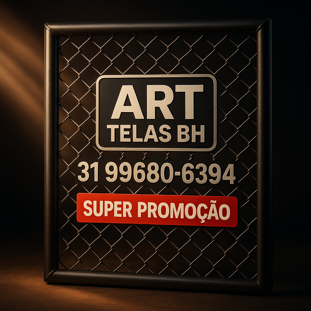 Cire uma imagem de uma tela alambrado com a logo art telas BH e o telefone 31996806394, super promoção.