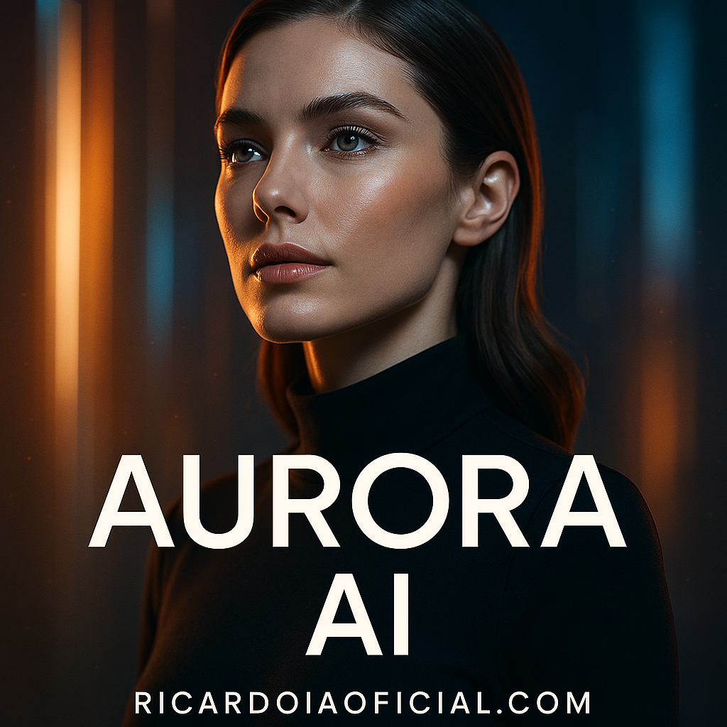 Criar uma imagem premium de campanha para a Aurora IA da plataforma ricardoiaoficial.com, com estética futurista, forte impacto visual, aparência publicitária de alto nível, beleza marcante, tecnologia elegante, luxo digital, composição cinematográfica, profundidade, iluminação bonita, alto contraste, refinamento premium e sensação visual encantadora. Contexto do pedido do usuário: Aurora ia crie uma imagem para divulgar a auroria ia da platagorma ricardoiaoficial.com crie uma imagem premium super encantadora